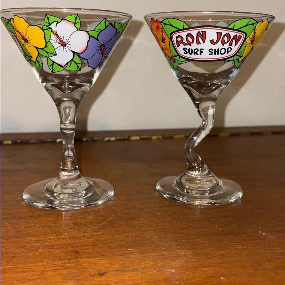 Y2K Era Ron Jon Surf Shop Retro Bent Stem Martini Glass 2 Matching Hibiscus Cute